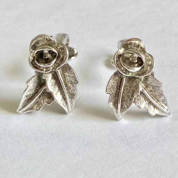Vintage Sarah Coventry Rose Bud Flower Clip On Earrings Climber Silver Tone 70's - Picture 12 of 14